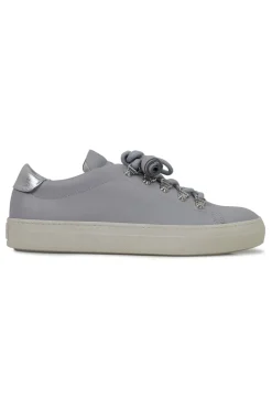 Light grey leather sneakers with metal hoops