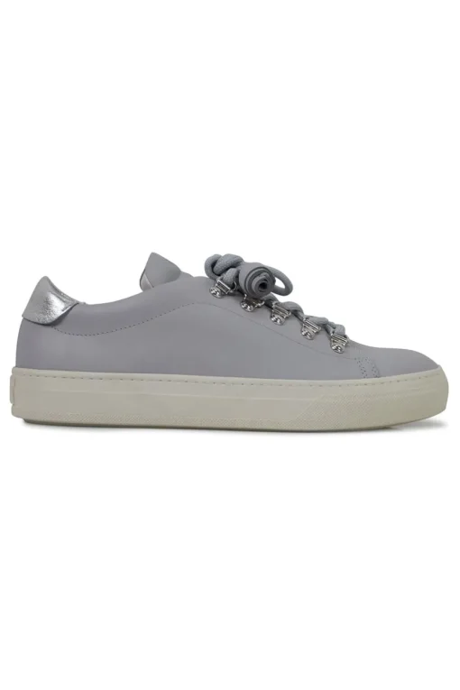 Light grey leather sneakers with metal hoops