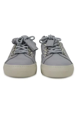 Light grey leather sneakers with metal hoops