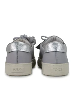 Light grey leather sneakers with metal hoops