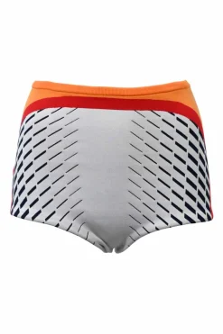 Light grey polyamide-blend jacquard knit high-rise mini shorts with orange, red and black geometric details