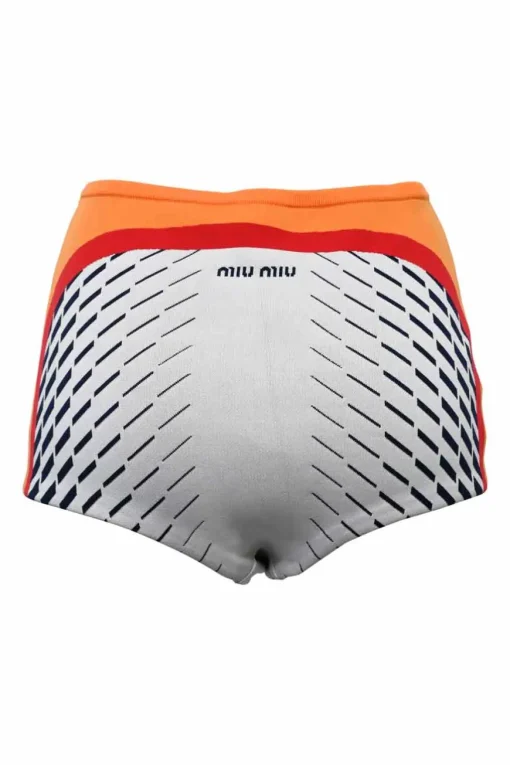 Light grey polyamide-blend jacquard knit high-rise mini shorts with orange, red and black geometric details