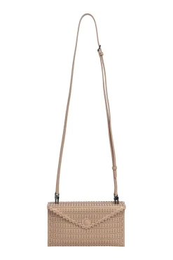 Light pink laser-cut leather Louise 24 crossbody envelope clutch with detachable shoulder strap
