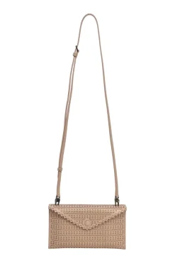 Light pink laser-cut leather Louise 24 crossbody envelope clutch with detachable shoulder strap