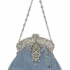 Light-wash crystal-embellished indigo cotton denim kiss lock purse