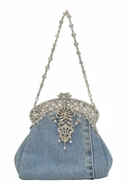 Light-wash crystal-embellished indigo cotton denim kiss lock purse