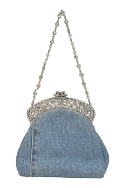 Light-wash crystal-embellished indigo cotton denim kiss lock purse
