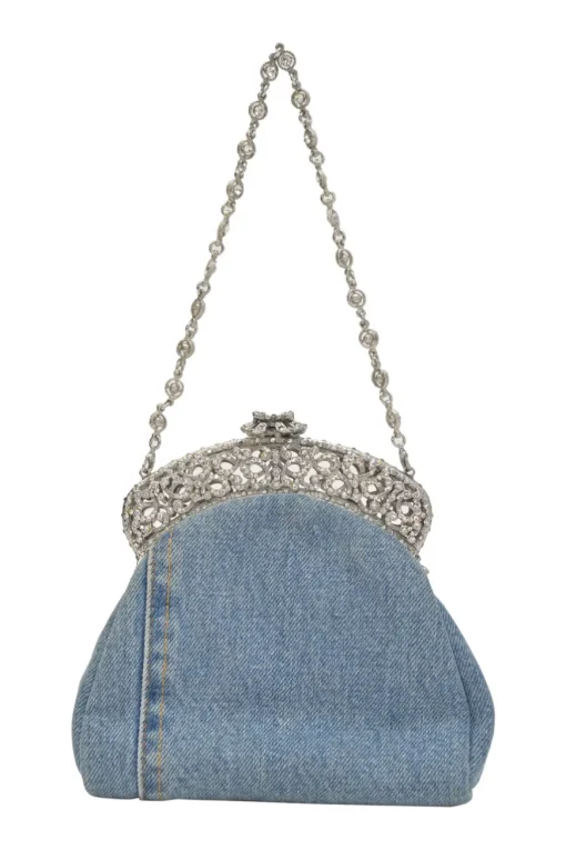 Light-wash crystal-embellished indigo cotton denim kiss lock purse