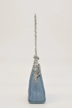 Light-wash crystal-embellished indigo cotton denim kiss lock purse