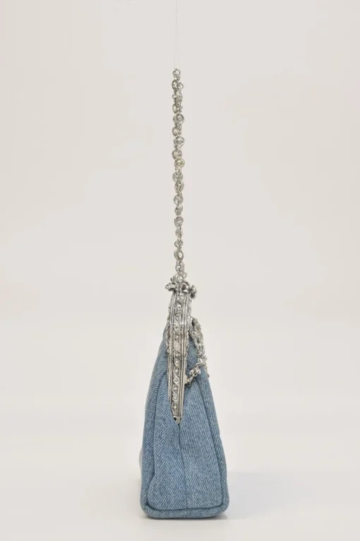 Light-wash crystal-embellished indigo cotton denim kiss lock purse