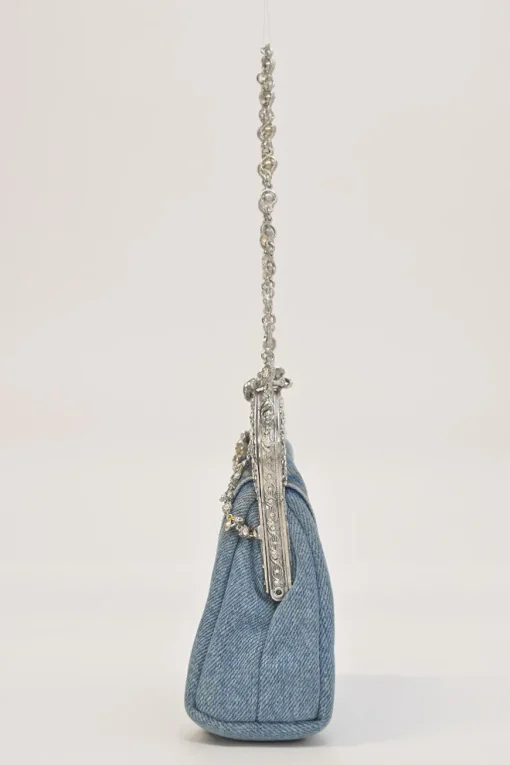 Light-wash crystal-embellished indigo cotton denim kiss lock purse