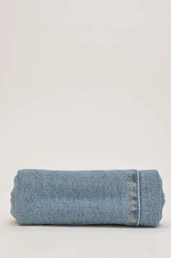 Light-wash crystal-embellished indigo cotton denim kiss lock purse