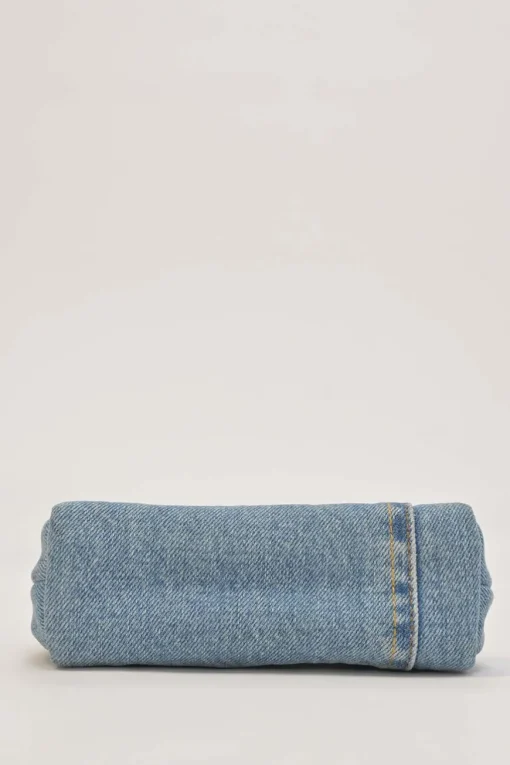 Light-wash crystal-embellished indigo cotton denim kiss lock purse