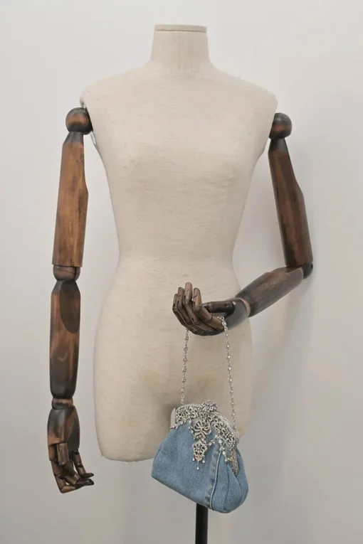 Light-wash crystal-embellished indigo cotton denim kiss lock purse