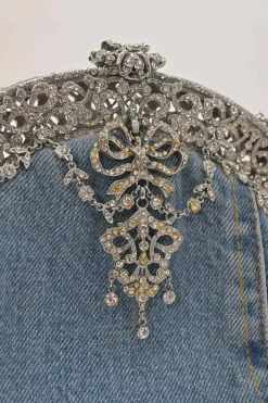 Light-wash crystal-embellished indigo cotton denim kiss lock purse