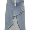 Light-wash indigo cotton denim asymmetric ruffle midi skirt with high-low hem