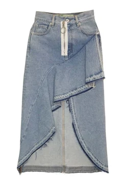 Light-wash indigo cotton denim asymmetric ruffle midi skirt with high-low hem