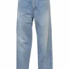 Light-wash indigo cotton denim mid-rise straight-leg distressed jeans
