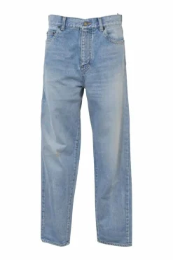 Light-wash indigo cotton denim mid-rise straight-leg distressed jeans