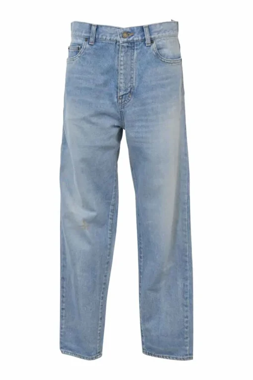 Light-wash indigo cotton denim mid-rise straight-leg distressed jeans