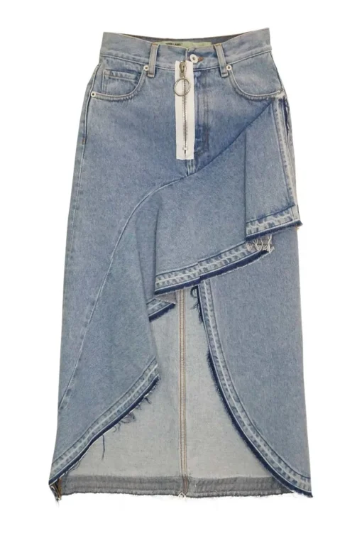 Light-wash indigo cotton denim asymmetric ruffle midi skirt with high-low hem
