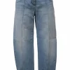 Light-wash indigo cotton denim pull-on bow leg jeans