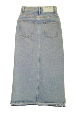 Light-wash indigo cotton denim asymmetric ruffle midi skirt with high-low hem