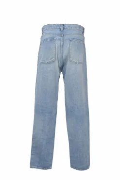 Light-wash indigo cotton denim mid-rise straight-leg distressed jeans