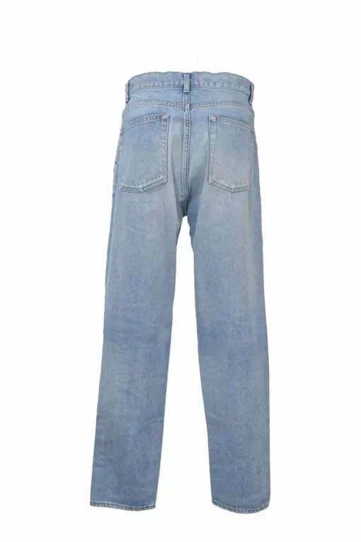 Light-wash indigo cotton denim mid-rise straight-leg distressed jeans