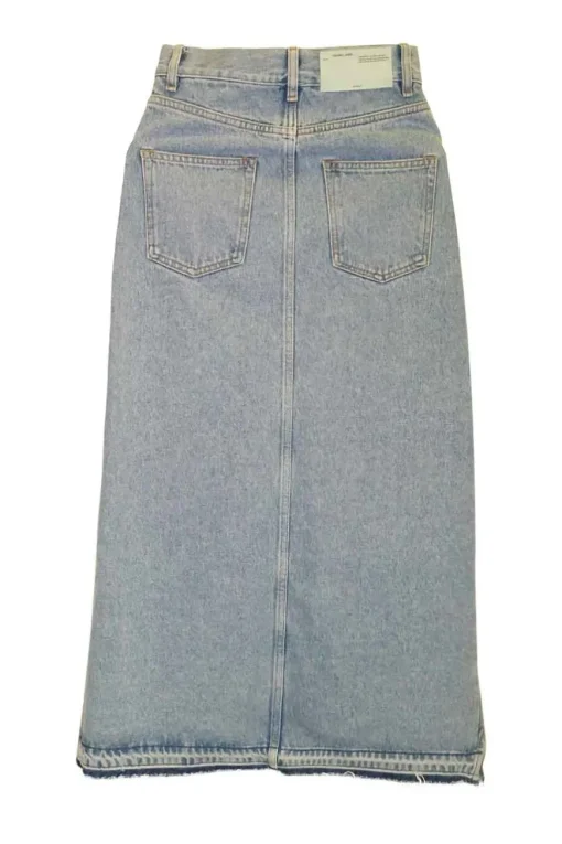 Light-wash indigo cotton denim asymmetric ruffle midi skirt with high-low hem