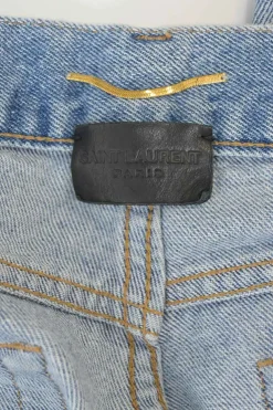 Light-wash indigo cotton denim mid-rise straight-leg distressed jeans