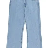 Lightwash raw edge cotton-blend denim pull-on mid-rise kick-flare jeans