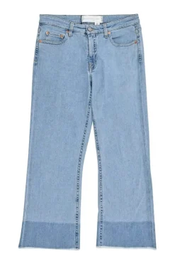 Lightwash raw edge cotton-blend denim pull-on mid-rise kick-flare jeans