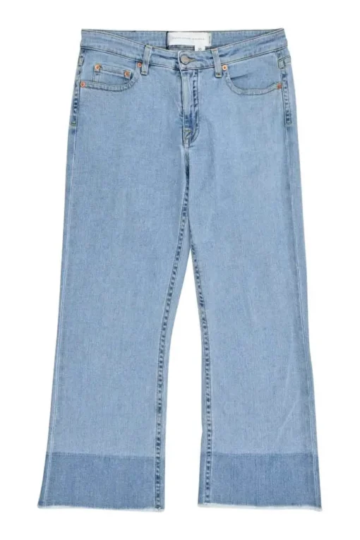 Lightwash raw edge cotton-blend denim pull-on mid-rise kick-flare jeans