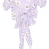 Lilac and mauve rose print rayon tie-front puff sleeve crop top and wrap-effect midi skirt set