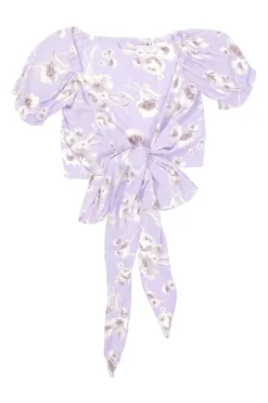 Lilac and mauve rose print rayon tie-front puff sleeve crop top and wrap-effect midi skirt set