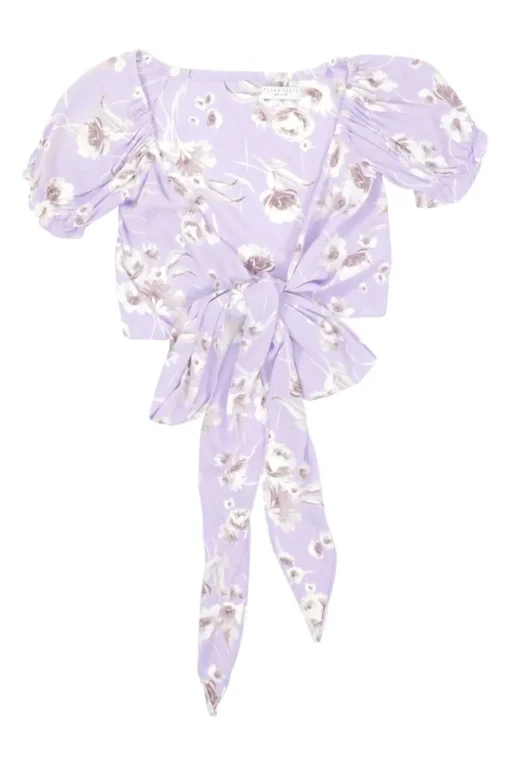 Lilac and mauve rose print rayon tie-front puff sleeve crop top and wrap-effect midi skirt set