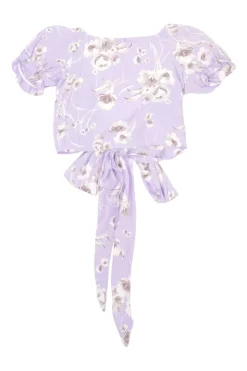 Lilac and mauve rose print rayon tie-front puff sleeve crop top and wrap-effect midi skirt set