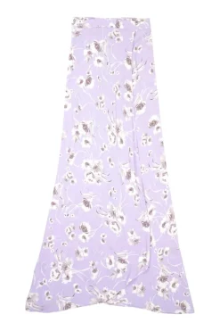 Lilac and mauve rose print rayon tie-front puff sleeve crop top and wrap-effect midi skirt set