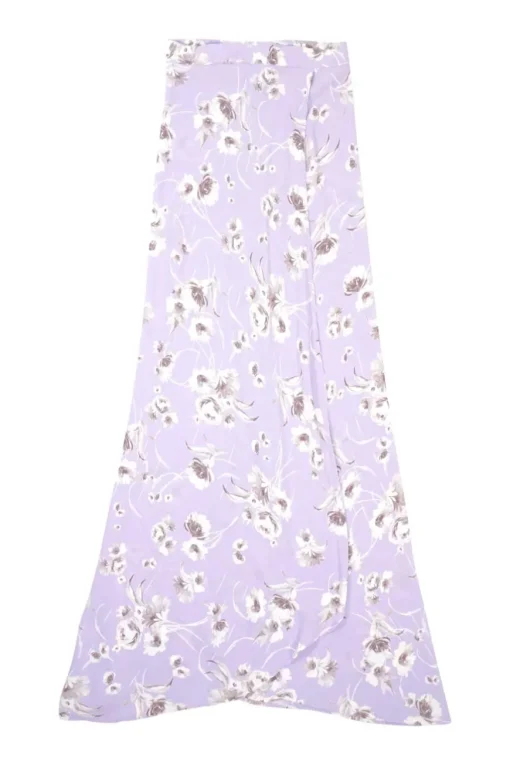 Lilac and mauve rose print rayon tie-front puff sleeve crop top and wrap-effect midi skirt set