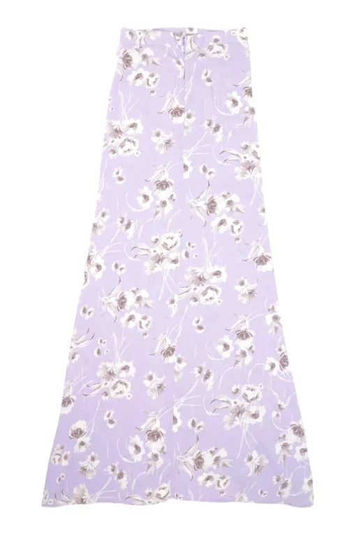 Lilac and mauve rose print rayon tie-front puff sleeve crop top and wrap-effect midi skirt set