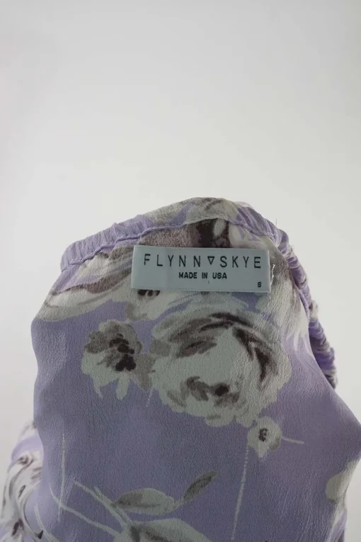 Lilac and mauve rose print rayon tie-front puff sleeve crop top and wrap-effect midi skirt set