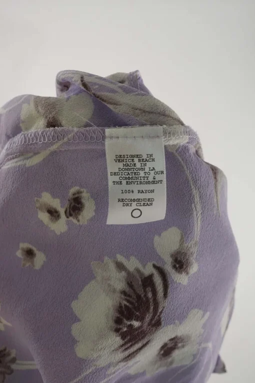 Lilac and mauve rose print rayon tie-front puff sleeve crop top and wrap-effect midi skirt set