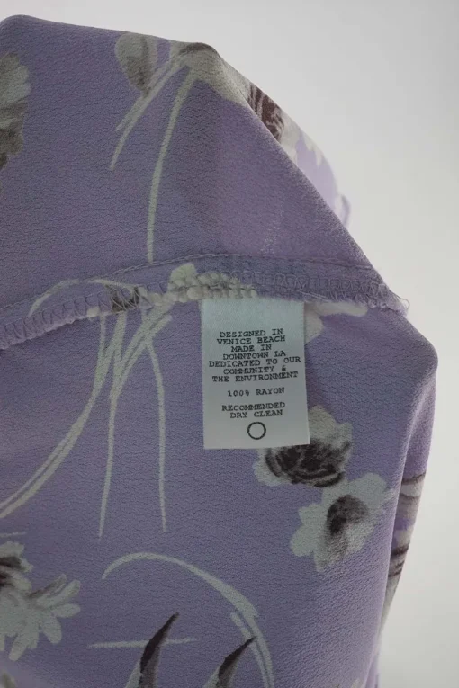 Lilac and mauve rose print rayon tie-front puff sleeve crop top and wrap-effect midi skirt set