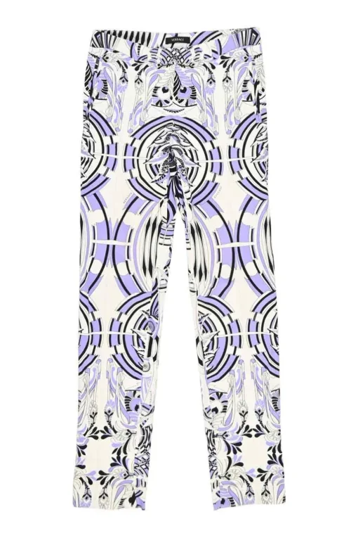 Lilac cotton-blend kaleidoscopic abstract print pull-on low-rise tailored slacks