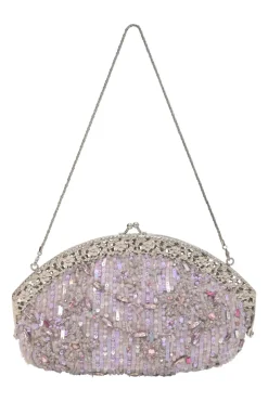 Lilac embellished fabric and metal kiss lock purse featuring tonal bead broderie motif