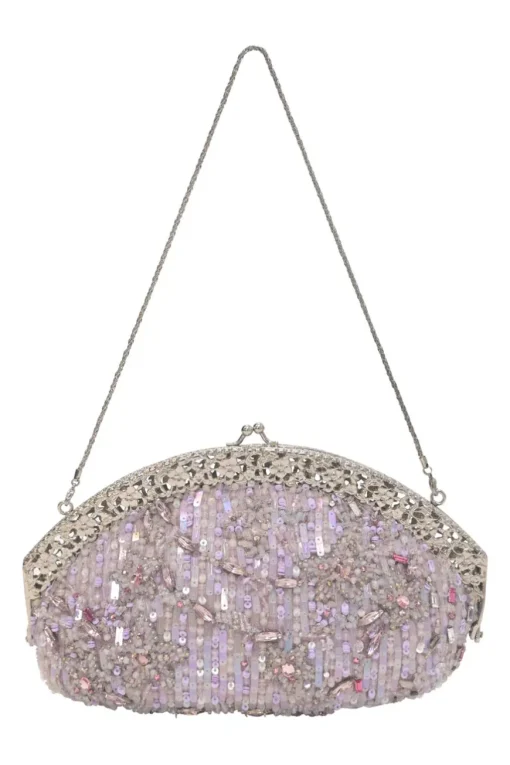 Lilac embellished fabric and metal kiss lock purse featuring tonal bead broderie motif