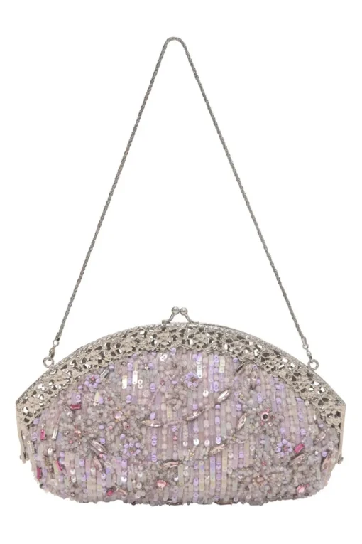 Lilac embellished fabric and metal kiss lock purse featuring tonal bead broderie motif
