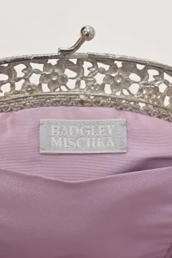 Lilac embellished fabric and metal kiss lock purse featuring tonal bead broderie motif
