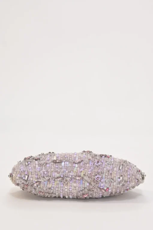 Lilac embellished fabric and metal kiss lock purse featuring tonal bead broderie motif